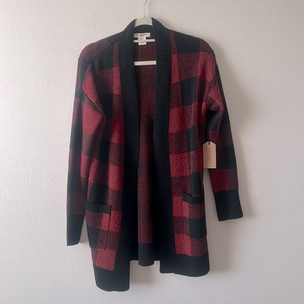 NEW Christian Siriano Sweater Womens Size XS Red Plaid Cardigan Ribbed Cuffs Hem